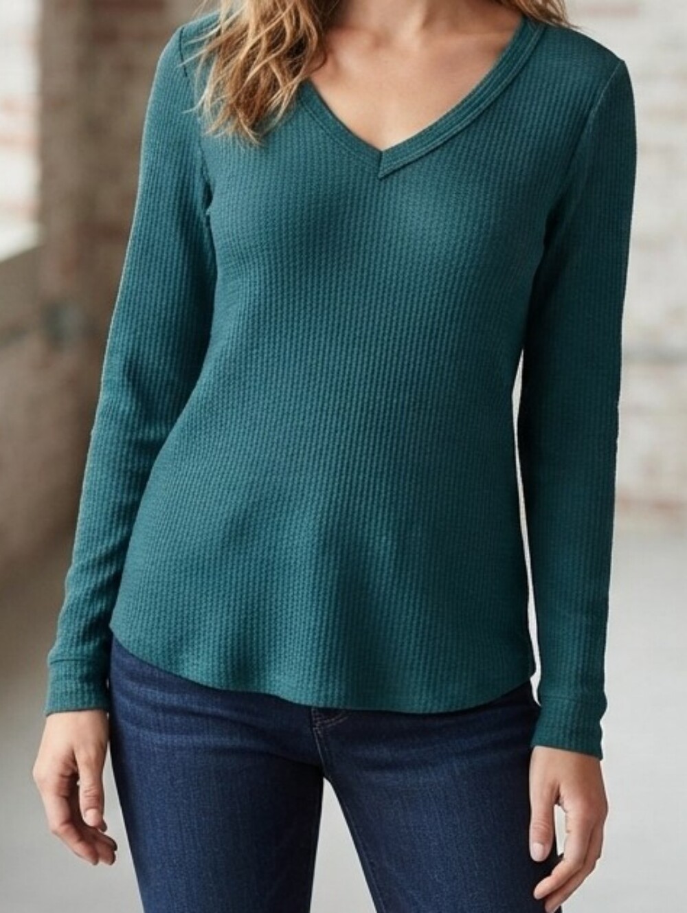 Adrianna Papell Teal Waffle-Knit V-Neck Long Sleeve Top